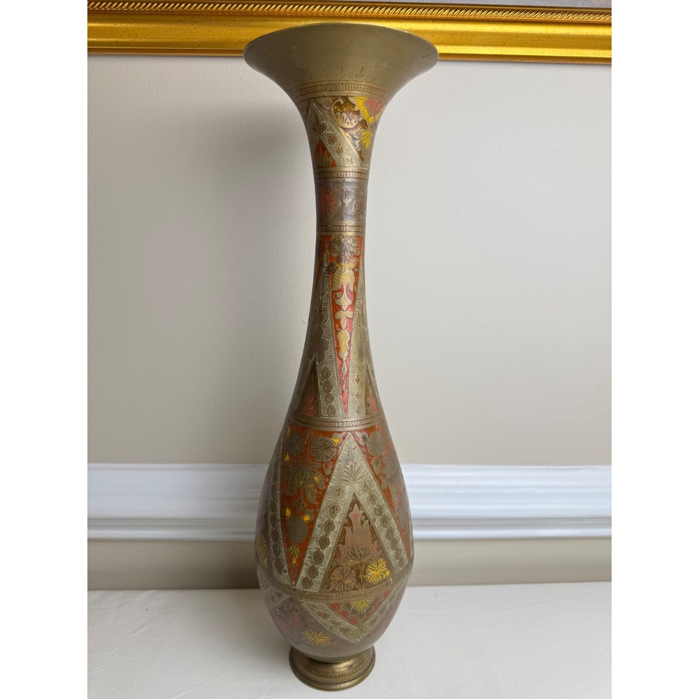 Vintage 18 Inch Etched Indian Brass Vase Hand Painted Red Yellow Enamel Floral